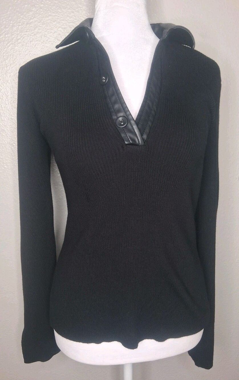 Laundry Shelli Segal Black Swetshirt Faux Leather Collar Long Sleeve Stretch S